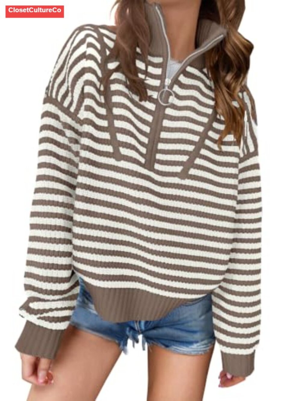 Womens Striped Quarter Zip Ribbed Knit Sweater Pullover Mock Neck Loose Fit